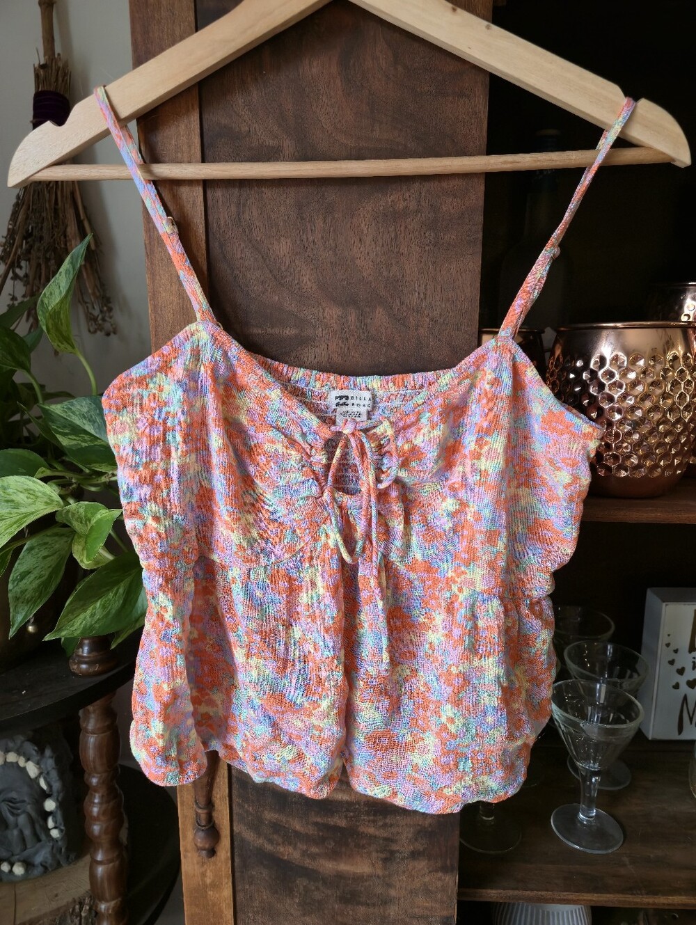 BILLABONG Coral Tie-Front Floral Cropped Cami, Medium